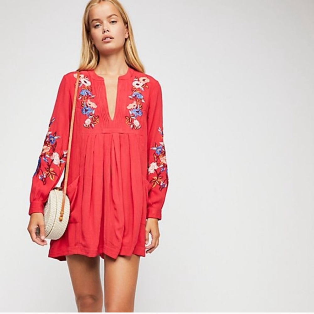 NWT FREE PEOPLE MIA‎ GAUZE EMBROIDERED FLORAL DRESS, RED Cottagecore Romantic